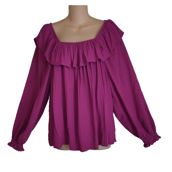 Knox Rose FUCHSIA Peasant Ruffle Top BOHO Off Shoulder Gypsy Flowy Long SleeveXL - Picture 1 of 12